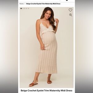 Beige Crochet Eyelet Trim Maternity Midi Dress size small